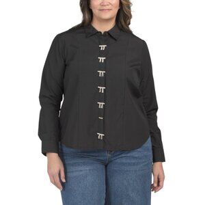 US TOGETHER Black Plus Jeweled Bow Long Sleeve Blouse